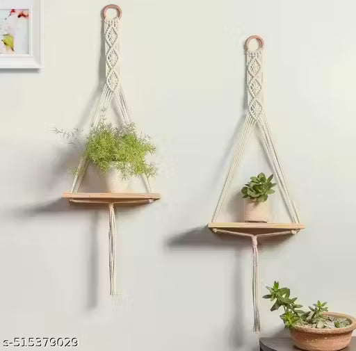 Wall Hanging Book Shelf | Boho Bedroom Wall Decor | Wood Floating Hanging Storage Shelf Organizer | Macrame Shelf for Hanging Plants and Wall Decor set of 2 ( best quality and best product )