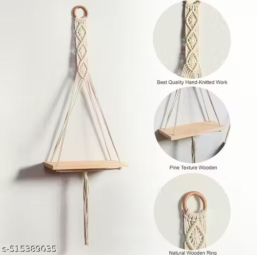 Wall Hanging Book Shelf | Boho Bedroom Wall Decor | Wood Floating Hanging Storage Shelf Organizer | Macrame Shelf for Hanging Plants and Wall Decor set of 2 ( best quality and best product )