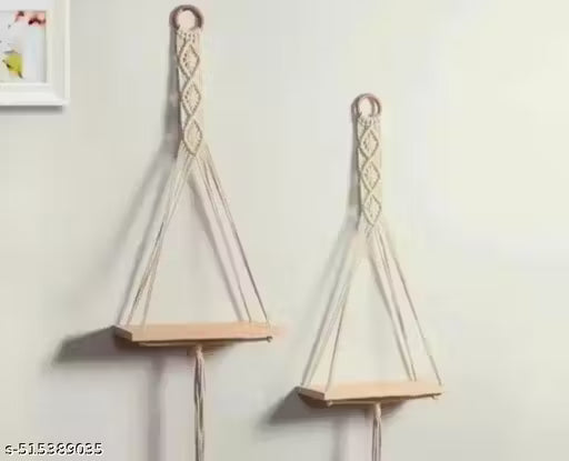 Wall Hanging Book Shelf | Boho Bedroom Wall Decor | Wood Floating Hanging Storage Shelf Organizer | Macrame Shelf for Hanging Plants and Wall Decor set of 2 ( best quality and best product )